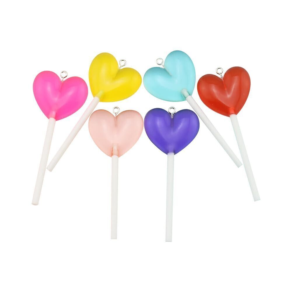 8732 10 Pcs 6 Colors Heart Lollipop Charms Gummy Resin Heart Charms